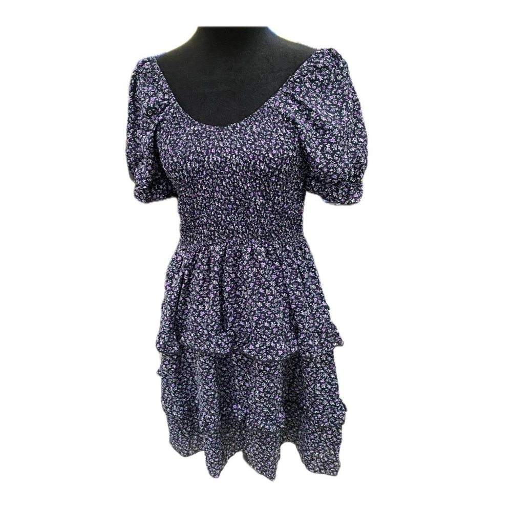Blue and White Puff Sleeve Tiered Mini Dress